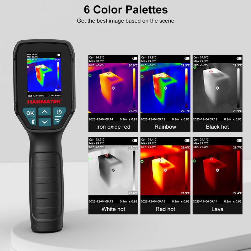 HANMATEK Ti240 Thermographic camera with color palette options on a white background