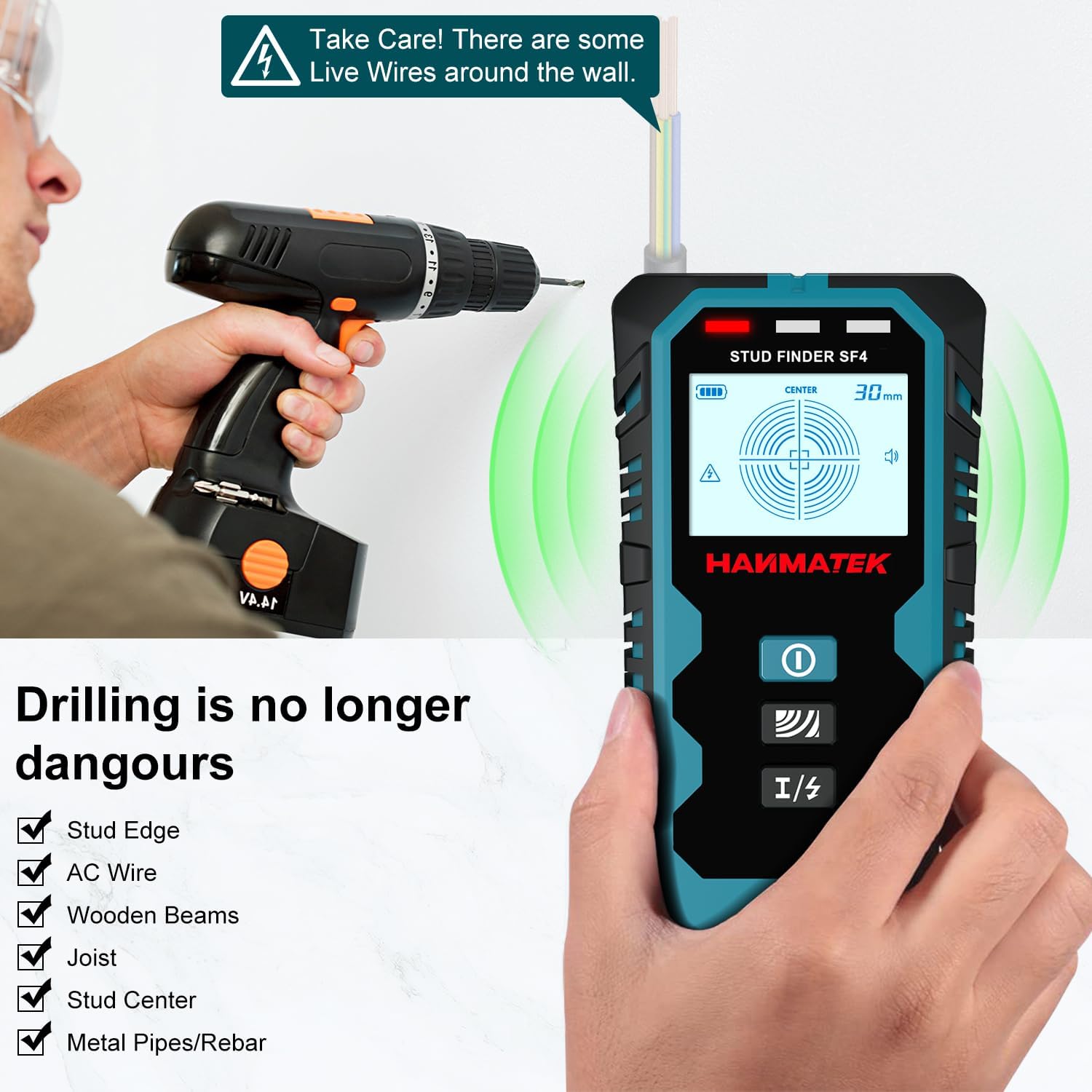 HANMATEK SF4 Wall Scanner in use, displaying features like stud edge detection and live wire alerts.