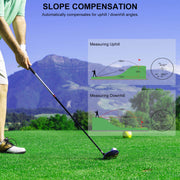 Golf player on a course with slope compensation feature explained.