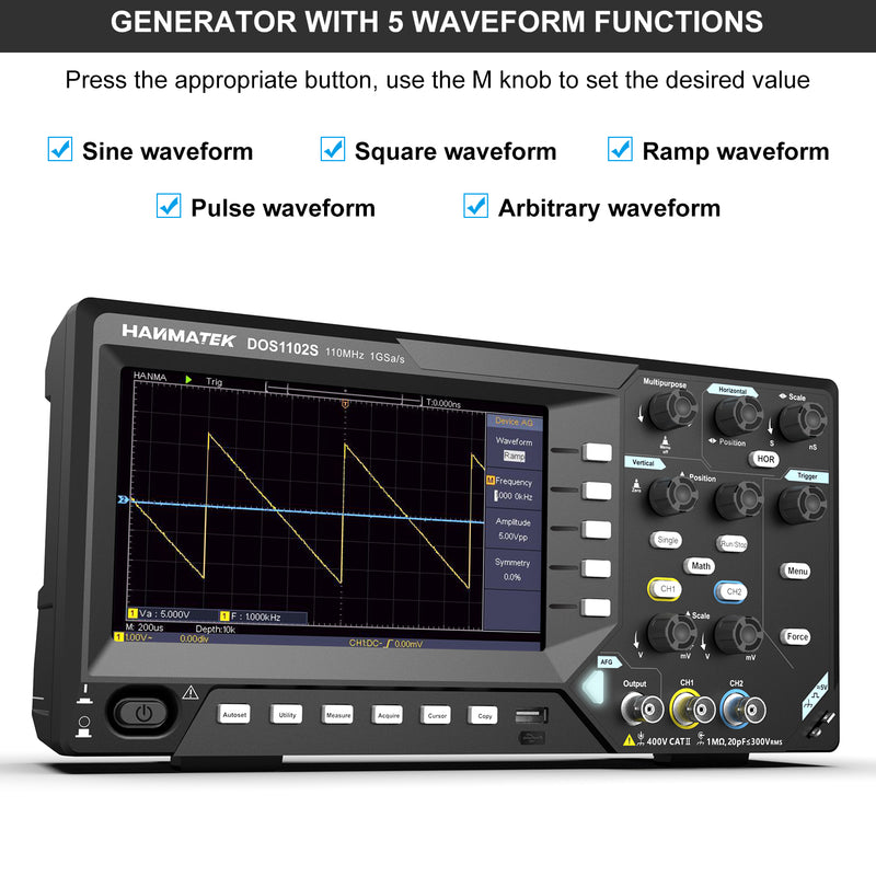 DOS1102S oscilloscope showing dual channel screen