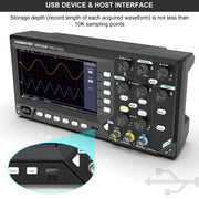 Close-up of oscilloscope USB port and control buttons