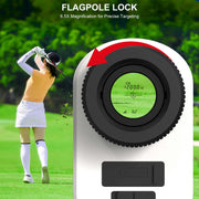 Golf flagpole lock with magnification feature on a golf course background