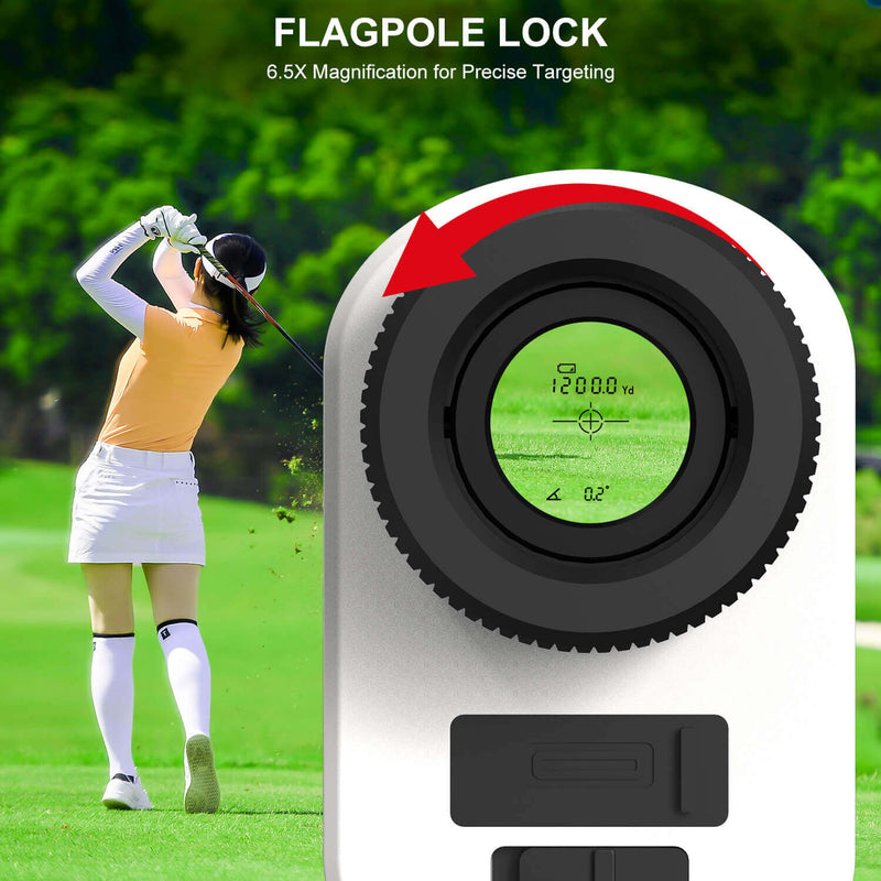 Golf flagpole lock with magnification feature on a golf course background