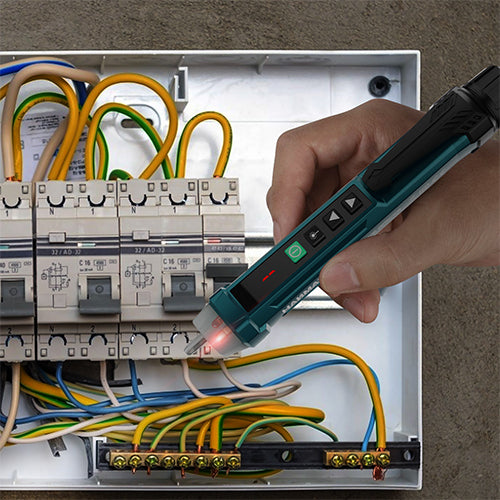 Hanmatek AC2 non-contact voltage tester in use near electrical circuit, testing voltage safely with LED and alarm.