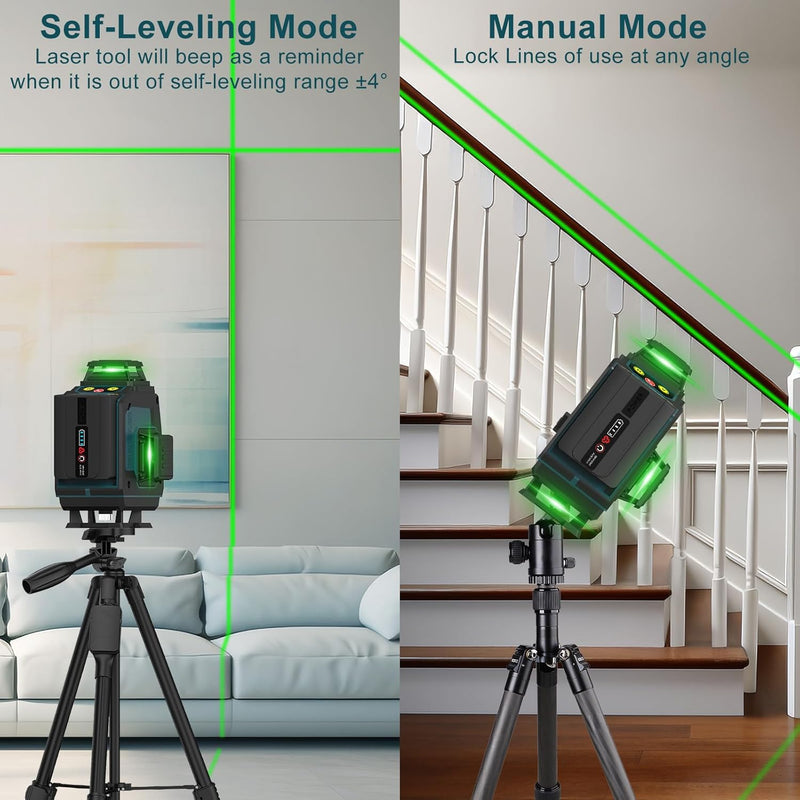 40M Self-Leveling Laser Level, 4x360° Cross Green Laser Line, Pulse Mode Line Laser Levels, Horizontal and Vertical Self-Leveling 16 Lines, IP54 Waterproof with 2 Batteries Remote Control