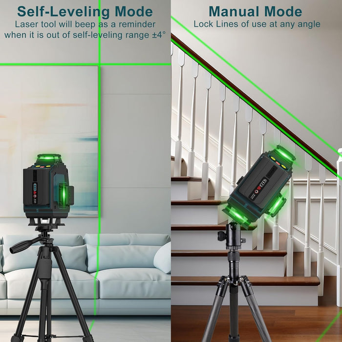 40M Self-Leveling Laser Level, 4x360° Cross Green Laser Line, Pulse Mode Line Laser Levels, Horizontal and Vertical Self-Leveling 16 Lines, IP54 Waterproof with 2 Batteries Remote Control