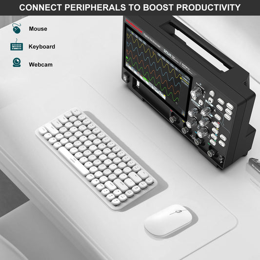 HANMATEK AHO814 4-Channel Smart Touchscreen Oscilloscope with keyboard and mouse on desk