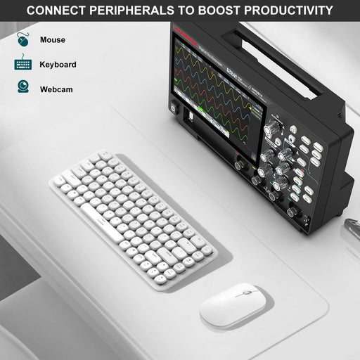 HANMATEK AHO814 4-Channel Smart Touchscreen Oscilloscope with keyboard and mouse on desk