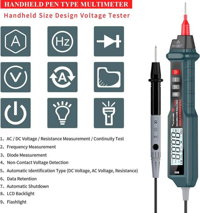HANMATEK Pen Type Digital Multimeter, Electrical Tester with NCV,AC/DC Voltmeter Ammeter Ohmmeter, Resistance, Live Line Digital Testers with Backlit and Flashlight