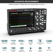 HANMATEK AHO814 4-Channel Smart Touchscreen Oscilloscope displaying waveforms and features.