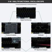 5 in 1 multifunctional oscilloscope showing digital oscilloscope, protocol analyser, voltmeter, high-precision frequency counter, FFT spectrum analyser