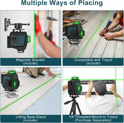 40M Self-Leveling Laser Level, 4x360° Cross Green Laser Line, Pulse Mode Line Laser Levels, Horizontal and Vertical Self-Leveling 16 Lines, IP54 Waterproof with 2 Batteries Remote Control