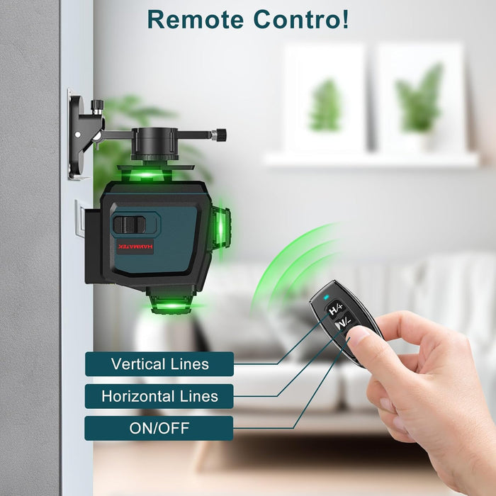 40M Self-Leveling Laser Level, 4x360° Cross Green Laser Line, Pulse Mode Line Laser Levels, Horizontal and Vertical Self-Leveling 16 Lines, IP54 Waterproof with 2 Batteries Remote Control