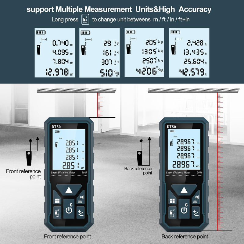 HANMATEK Laser Distance Meter 165ft, DT50 50m Laser Measure with Portable Handle Digital Measure Tool Range Finder 4-Line Backlit Large LCD Display IP54 Shockproof
