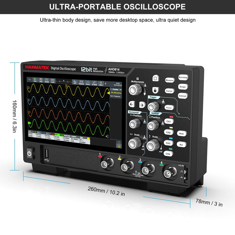 HANMATEK AHO814 4-Channel Smart Touchscreen Oscilloscope 100MHz with ultra-thin design and quiet operation.