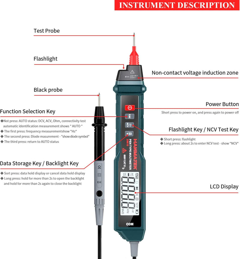 HANMATEK Pen Type Digital Multimeter, Electrical Tester with NCV,AC/DC Voltmeter Ammeter Ohmmeter, Resistance, Live Line Digital Testers with Backlit and Flashlight