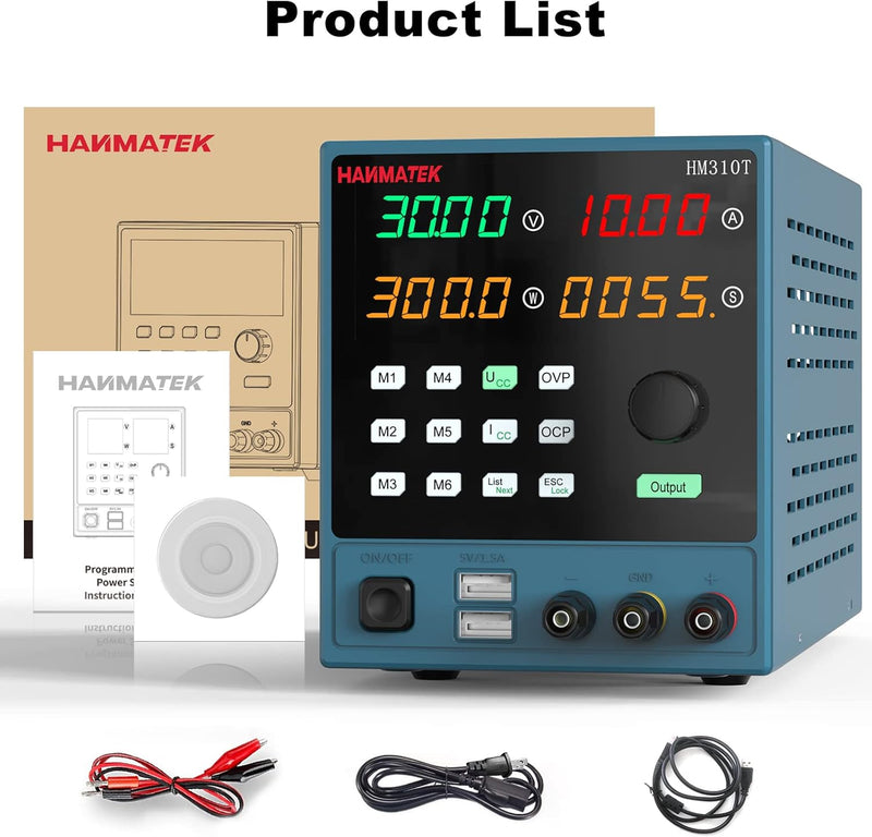 Programmable DC Power Supply (0-30 V 0-10 A) HM310T High Precision 4-Digit Voltage Current Power Time Display Variable Switching Digital Power Supply with PC Software and USB Interface