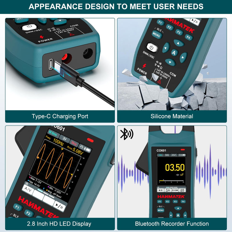 HANMATEK CO601 Clamp Oscilloscope, 5MSa/s Sampling Rate, 1MHz Bandwidth, 600A AC/DC Current Measurement, 1000V Voltage Detection, True RMS, Auto/Manual Range, Bluetooth Data Logging
