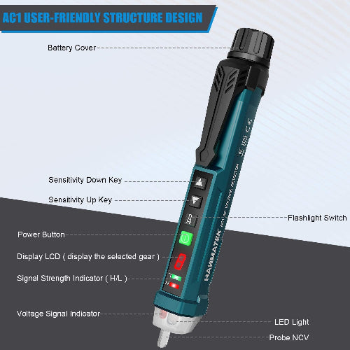 Non-Contact Voltage Tester with 9 Gear Adjustable Sensitivity Voltage Detector AC Circuit Tester Tool LCD Display LED Flashlight Buzzer Alarm Range12V-1000V & Live/Null Wire Judgment AC1