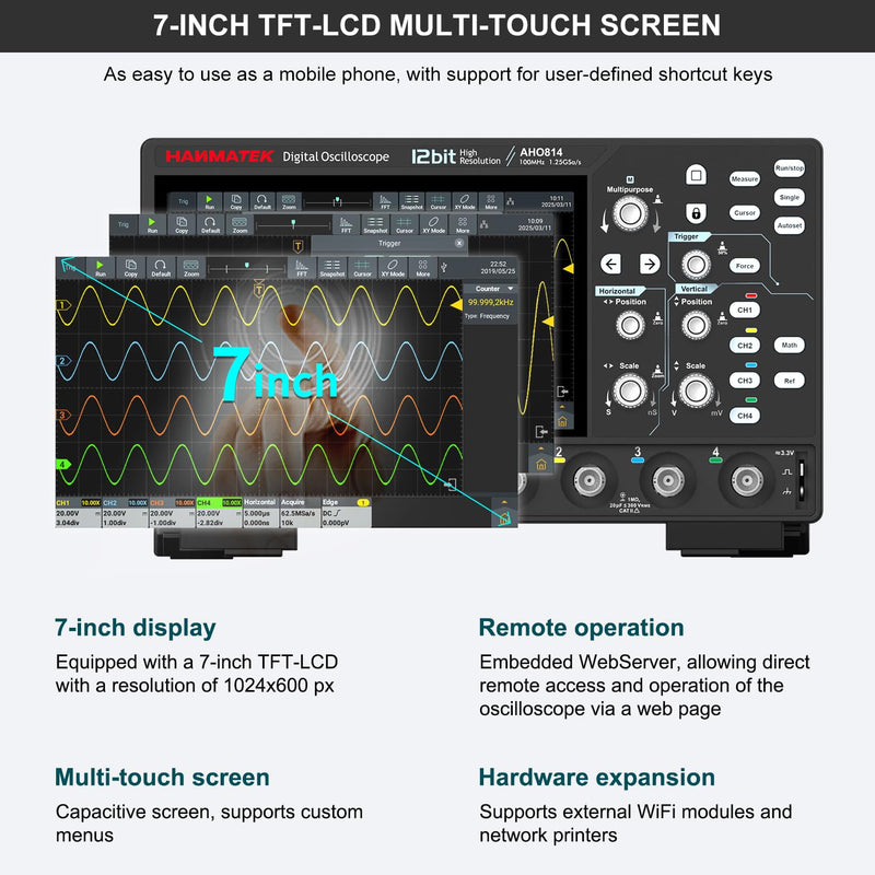 HANMATEK AHO814 4-Channel Smart Touchscreen Oscilloscope 7-inch TFT-LCD multi-touch screen features and specifications
