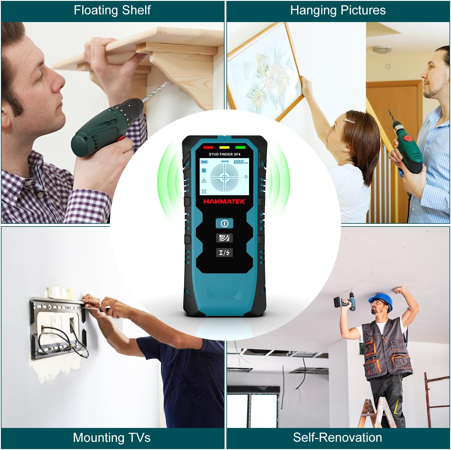 HANMATEK SF4 Wall Scanner in use for floating shelves, hanging pictures, mounting TVs, and self-renovation tasks.