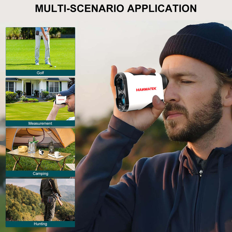 Man holding a Hammatek device with multi-scenario application text and images of golf, measurement, camping, and hunting.