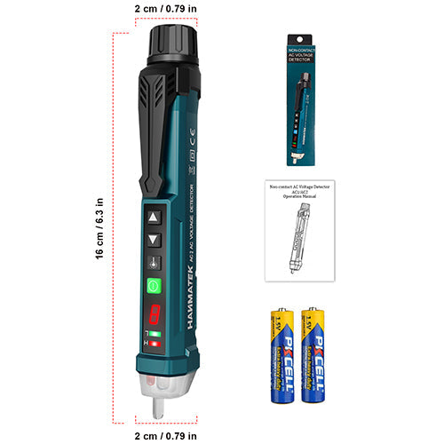HANMATEK AC2 Non-Contact Voltage Tester with battery and manual, featuring LED indicator and audible alarm.