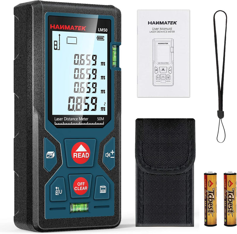 165ft/50m Laser Measure Ft/in/M Switching LM50 Laser Measurement Tool Devices with 2 Bubble Levels Distance Meter,Large Backlit LCD