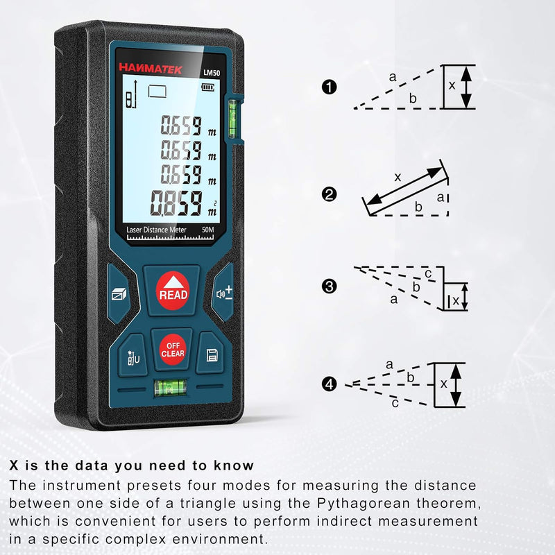 165ft/50m Laser Measure Ft/in/M Switching LM50 Laser Measurement Tool Devices with 2 Bubble Levels Distance Meter,Large Backlit LCD