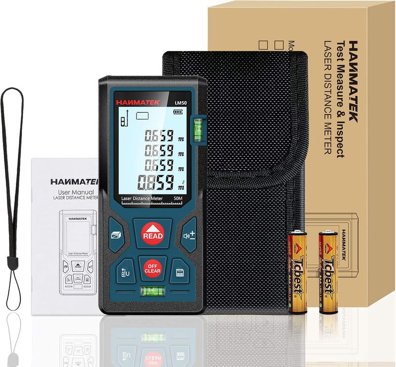 165ft/50m Laser Measure Ft/in/M Switching LM50 Laser Measurement Tool Devices with 2 Bubble Levels Distance Meter,Large Backlit LCD
