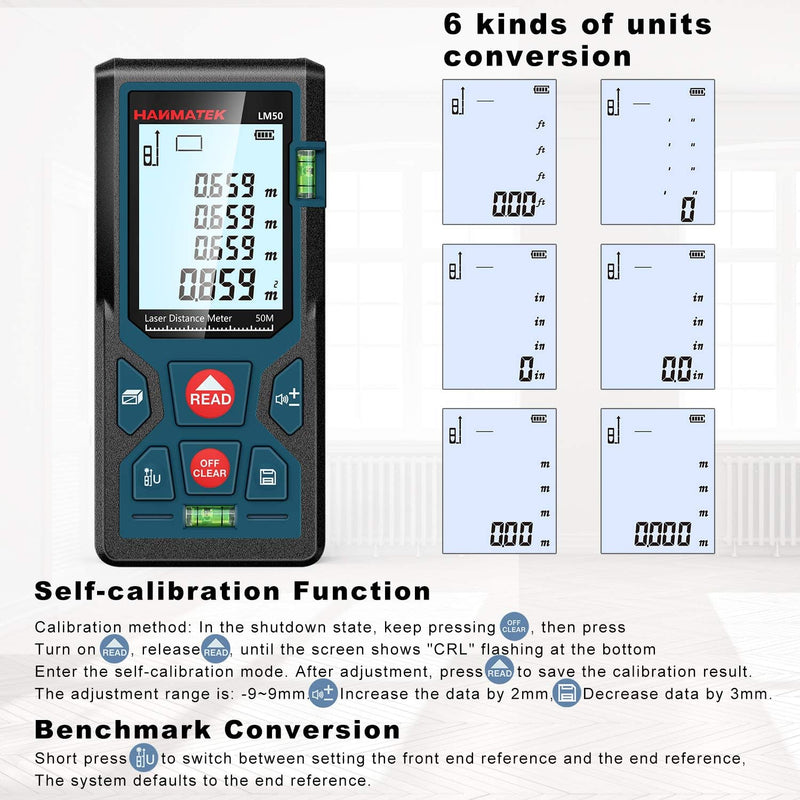 165ft/50m Laser Measure Ft/in/M Switching LM50 Laser Measurement Tool Devices with 2 Bubble Levels Distance Meter,Large Backlit LCD
