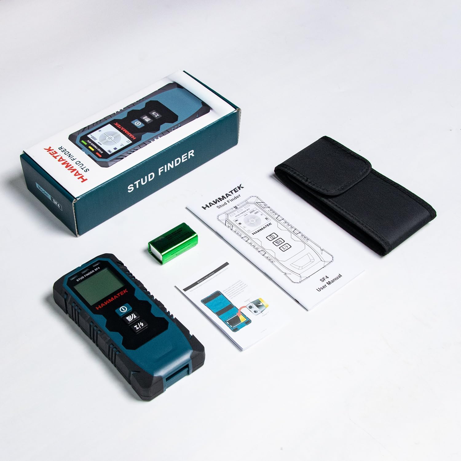 HANMATEK SF4 Wall Scanner with accessories, including manual, battery, and carrying case, displayed on a white surface.