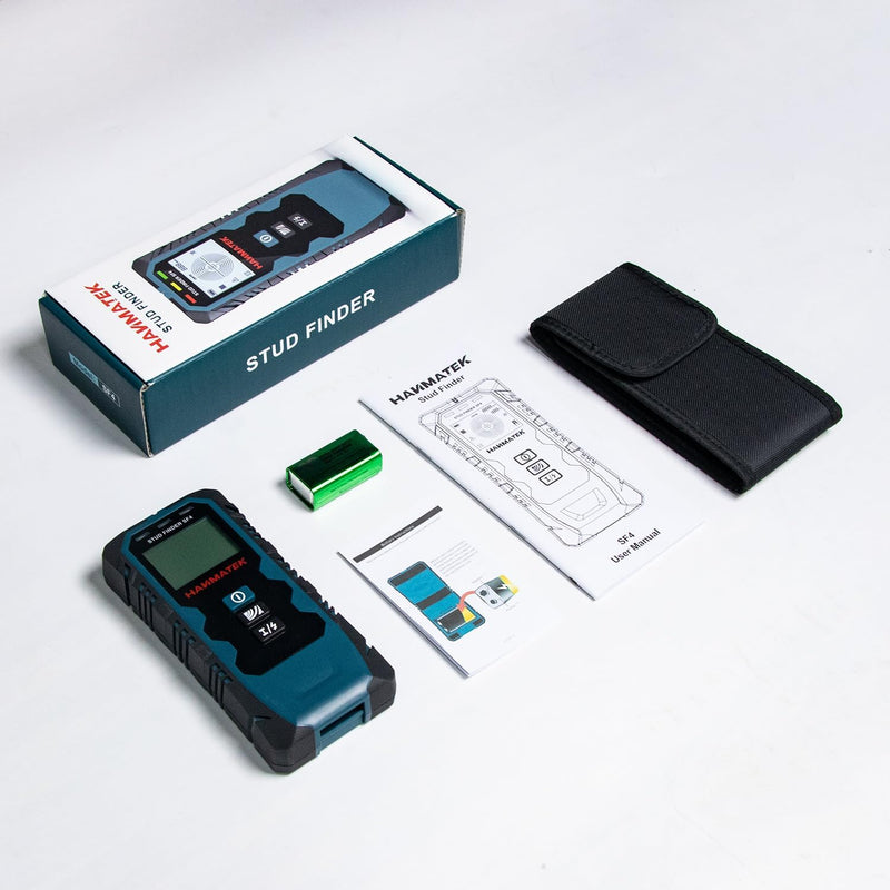 HANMATEK SF4 Wall Scanner with accessories, including manual, battery, and carrying case, displayed on a white surface.