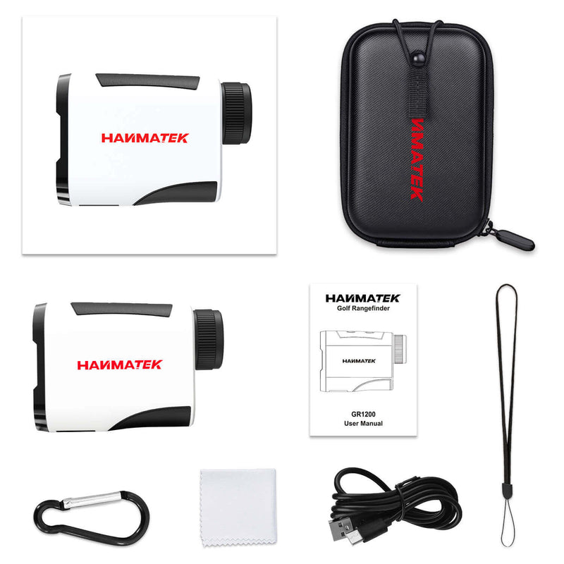 HAIMATEK golf rangefinder with carrying case, user manual, carabiner, and USB cable on a white background