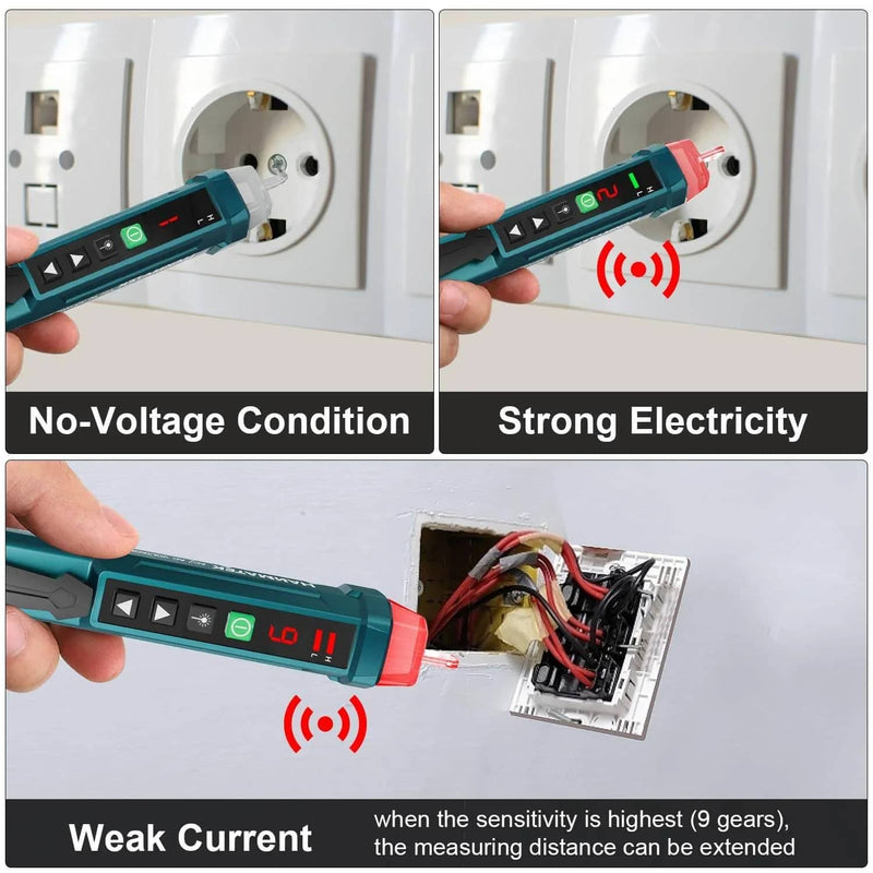 Electric tester being used to check voltage conditions with text labels.