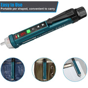 Portable voltage detector with digital display and multiple uses shown on a white background