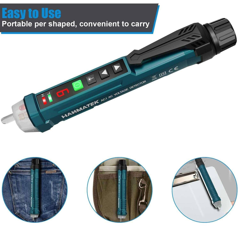 Portable voltage detector with digital display and multiple uses shown on a white background