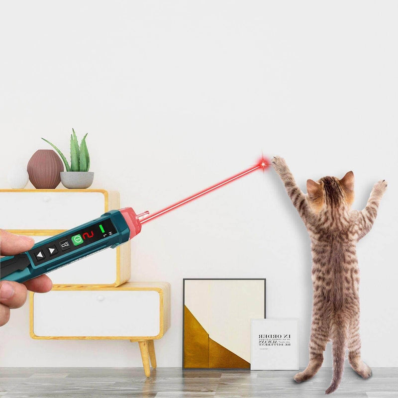 Person using a laser pointer toy with a cat playing with it indoors.