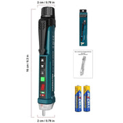 Harmatek digital multimeter with packaging, batteries, and measurements on a white background