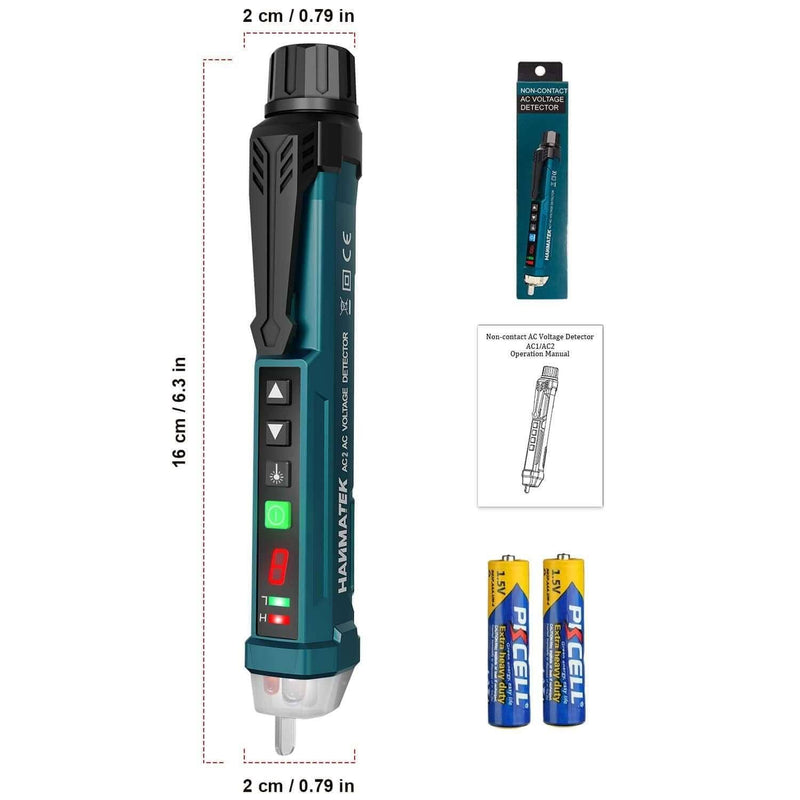 Harmatek digital multimeter with packaging, batteries, and measurements on a white background