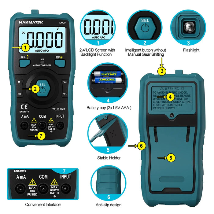 HANMATEK Digital Multimeter Auto-Ranging Voltmeter 6000 Counts TRMS Smart Electrical Tester with Non-Contact Voltage Function NCV Measures AC/DC Voltage&Current Resistance Continuity
