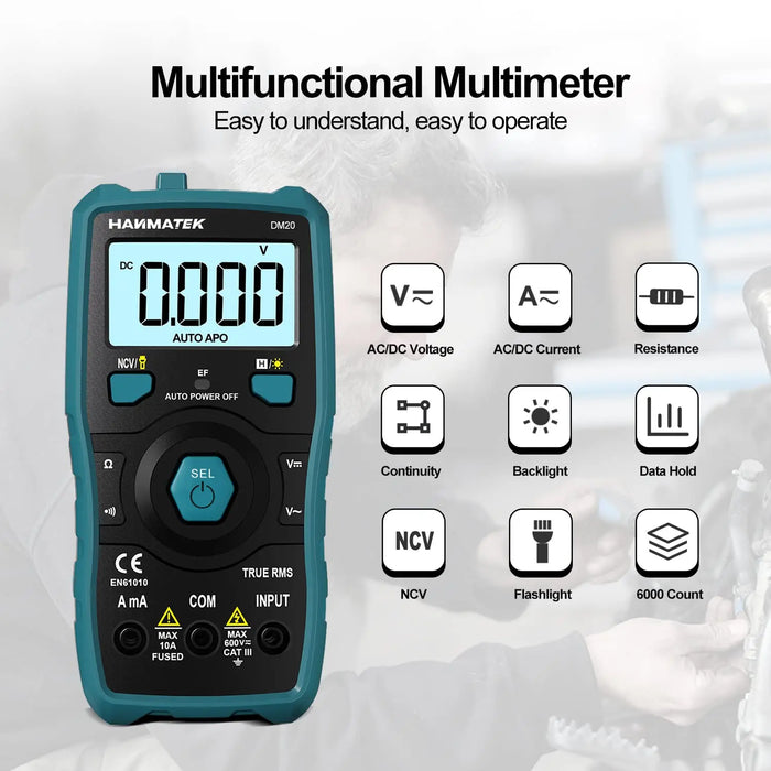 HANMATEK Digital Multimeter Auto-Ranging Voltmeter 6000 Counts TRMS Smart Electrical Tester with Non-Contact Voltage Function NCV Measures AC/DC Voltage&Current Resistance Continuity