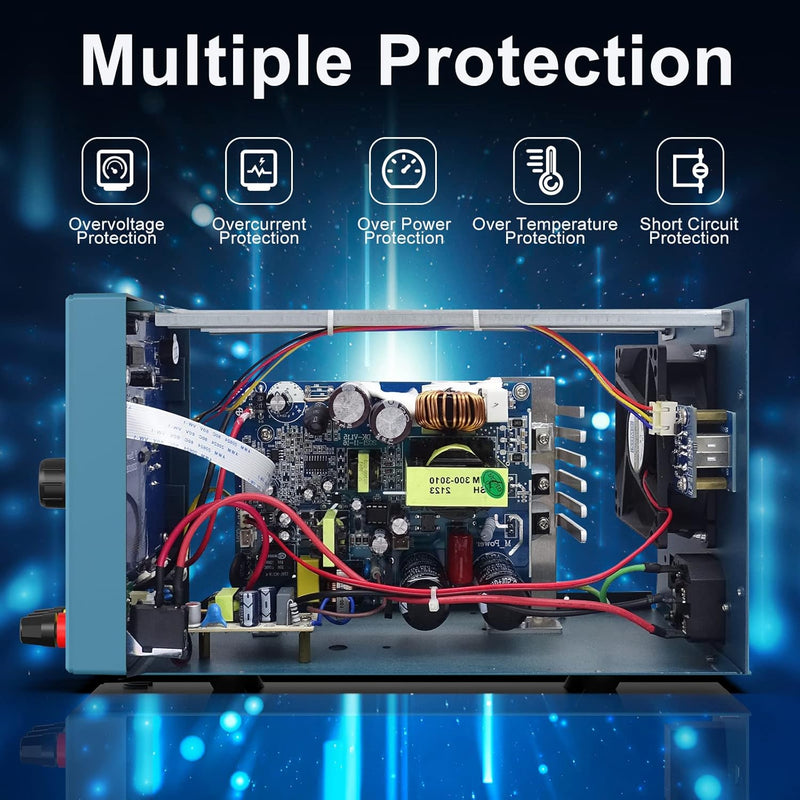 Electrical component with wiring and protection features on a blue background