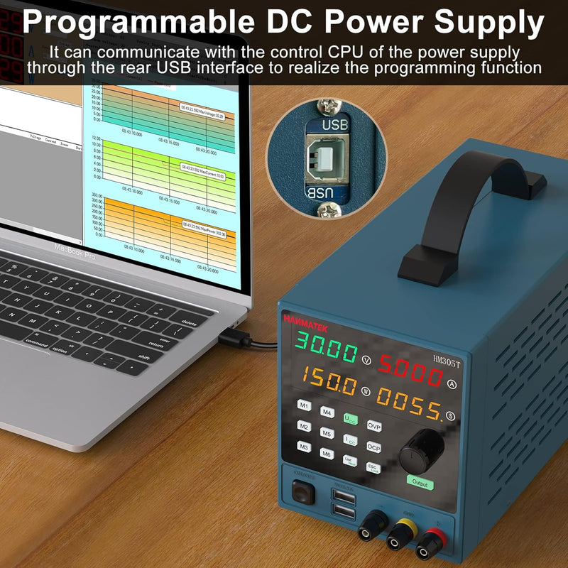 Programmable DC power supply with USB interface connected to a laptop on a wooden surface.