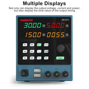 Digital multimeter with multiple displays showing voltage, current, power, and timing values.