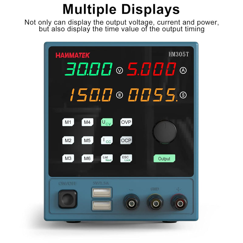 Digital multimeter with multiple displays showing voltage, current, power, and timing values.