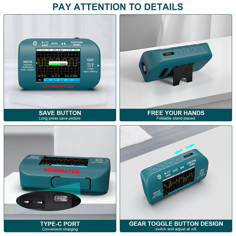 Teal electronic device with various features highlighted on a gray background