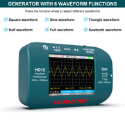Handheld oscilloscope with waveform display and Hantek branding on a white background