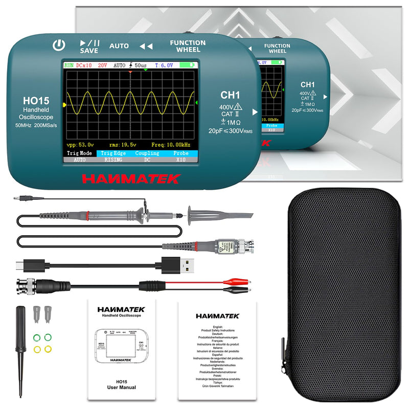Hammatek handheld oscilloscope with cables, probes, and carrying case on a white background