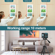 Collage of a person using a laser level to measure distances on a wall, with text indicating working range 10 meters.